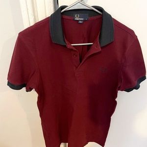 Fred Perry Polo Shirt, Mens, Size Small, Burgundy Maroon with Black Trim